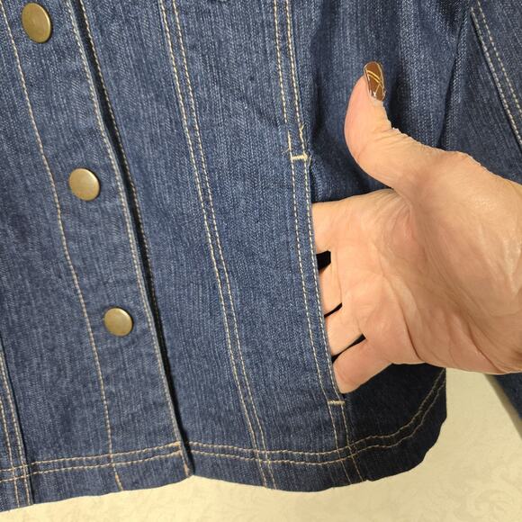 VTG Live A Little Denim Jacket sz L Blue Snap Front Pockets Fitted Top Stitched - Picture 5 of 16